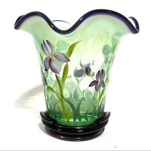 Fenton Desisgner Showcase Series Hand Painted Green Purple Vase Triple Signed